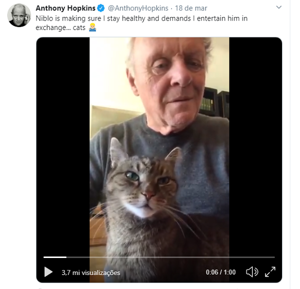 Durante quarentena, Anthony Hopkins toca piano para seu gato Petlove