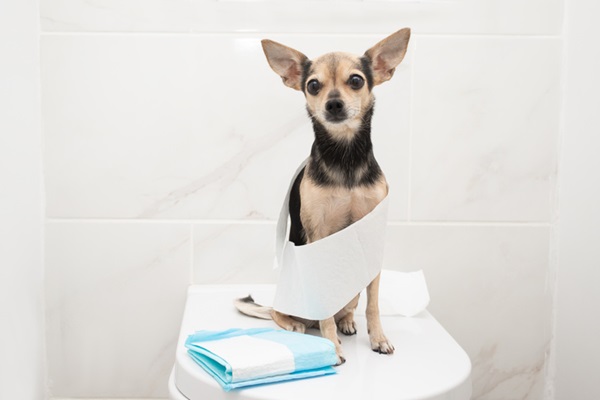 Cachorro com tapete higiênico.