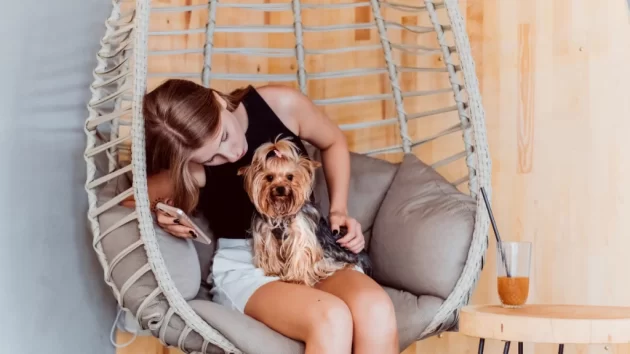 Petlove - mulher sentada em um balanço com seu cachorro no colo, bem-estar