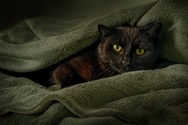 Gato deitado em panos.