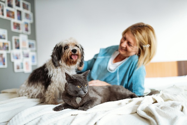 Senhora com um cachorro e um gato na cama.
