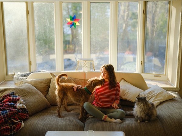Mulher cuidando de cachorro e gato em casa.