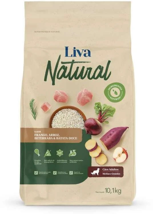 Ração Liva Natural Frango e Batata Doce Cães Adultos Raças Médias e Grandes 