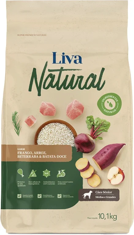 Ração Liva Natural Frango e Batata Doce para Cães Sênior de Raças Médias e Grandes 