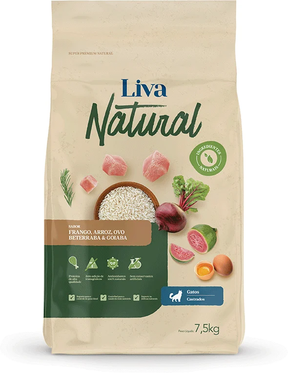 Ração Liva Natural Frango e Goiaba para Gatos Castrados 