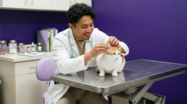 Médico-veterinário analisando câncer de pele em gatos.