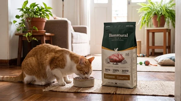 Gato comendo ração Bionatural para gatos.