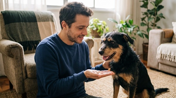 Tutor dando o melhor vermífugo para cachorro.