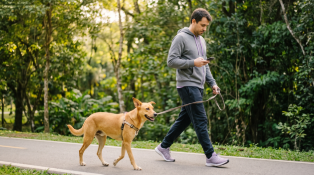 petlove - homem passeando no parque com seu cachorro, enquanto usa o celular